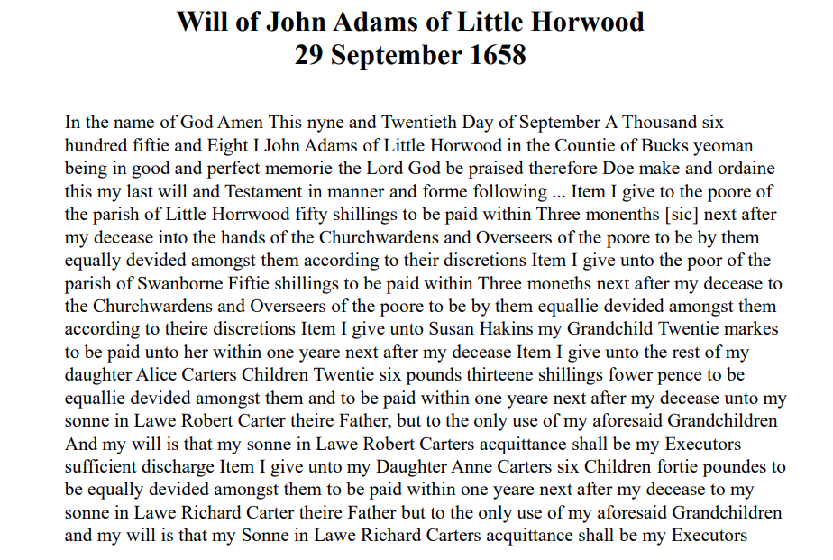 Slide 6 - Will of John Adams of Little Horwood 1658 (pg 1)