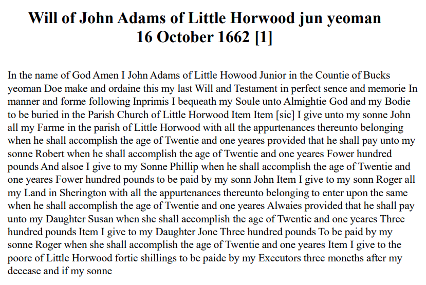 Slide 8 - Will of John Adams of Little horwood 1662 (pg 1)