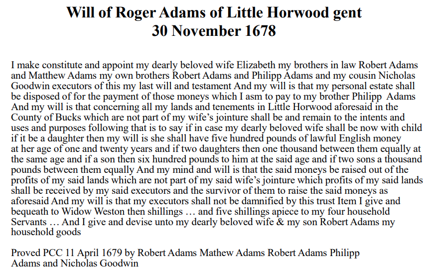 Slide 10 - Will of Roger Adams of Little Horwood gent 1678