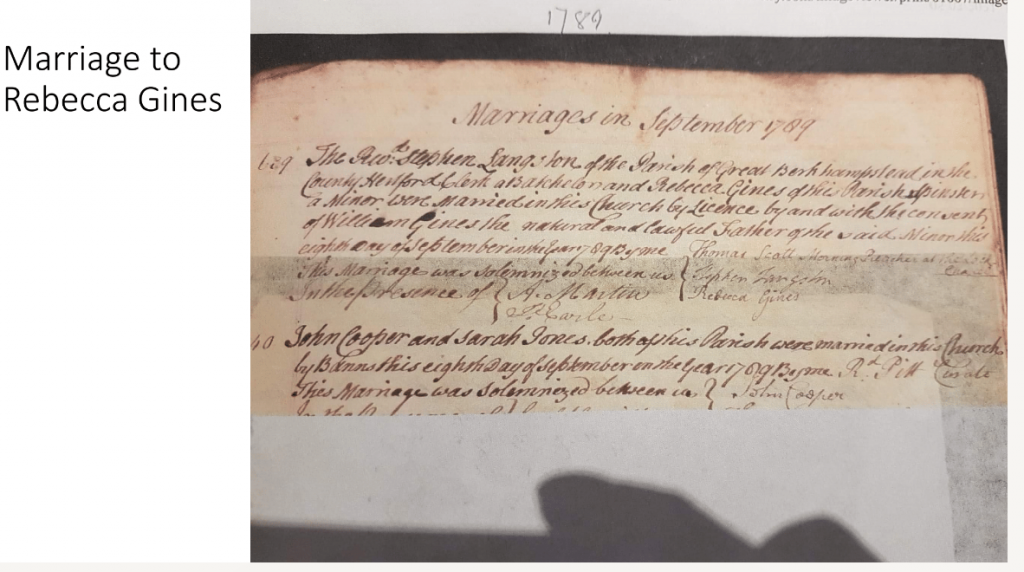 Marriage to Rebecca Gines